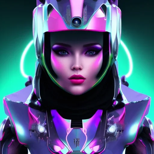 Cute in a robotic hijab suit,purple and pink backlight, profile