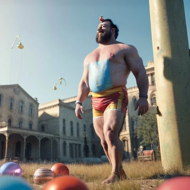 Ultra realistic circus scene. Classic Naked strongman waist up view, Wes Anderson style, happy, bubbles, highly detailed, concept art, unreal engine 5, god rays, ray tracing, RTX, lumen lighting, ultra detail, volumetric lighting, 3d, finely drawn, high definition, high resolution.