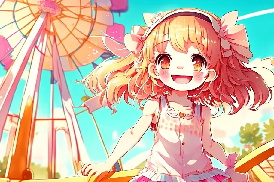 contented cute chibi girl in the amusement park in sunshine