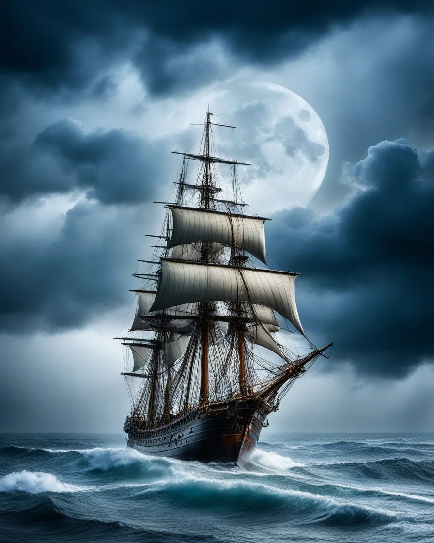 ultraralistic photography of pirates big sailing ship loosing control in storm with a stormy cloud foggy and big moon