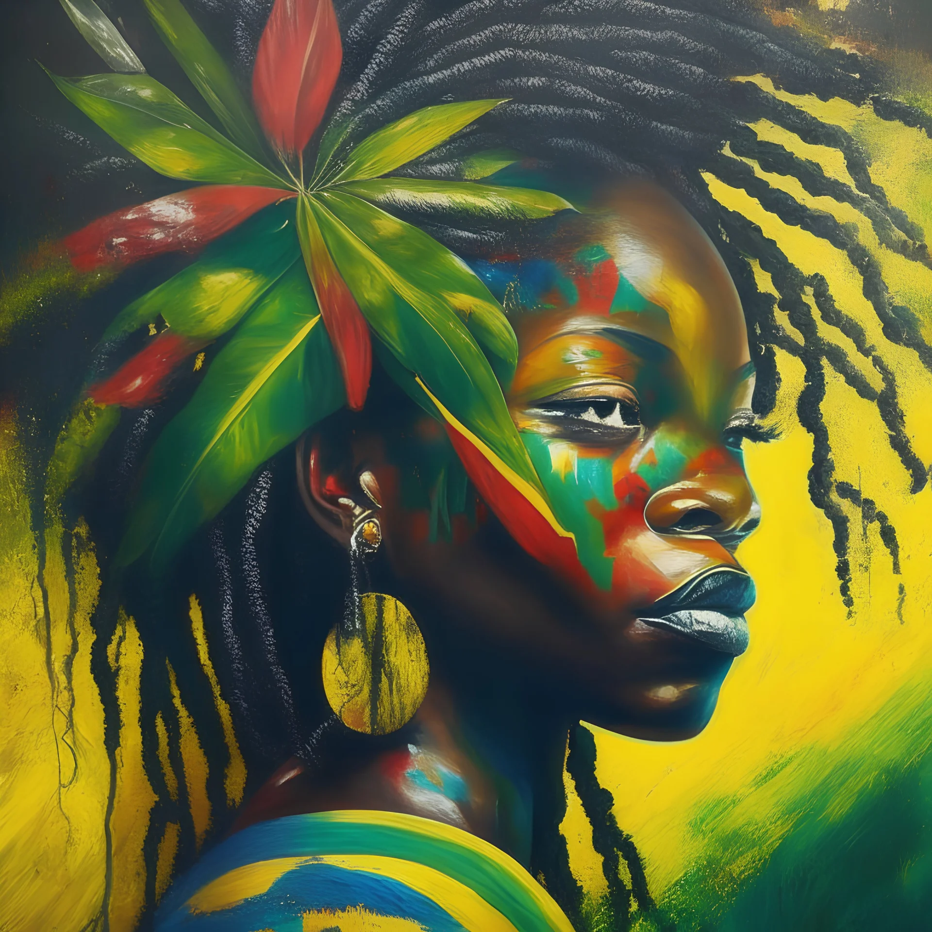 Create a vibrant painting showcasing Jamaican roots firmly grounded, representing the unwavering commitment to preserving one's identity and culture in the face of challenges