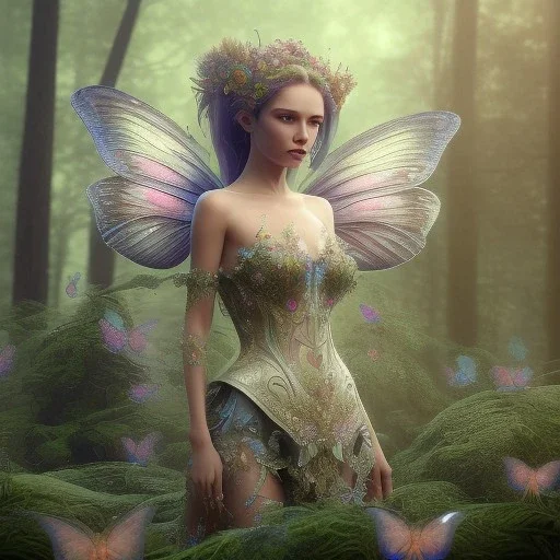 intricate details, realistic, octane,colorfull unreal engine, ,zoomed out + portrait, volumetric lighting, shiny,extreme detail, Photorealism, High detail, Hyper realistic fairy with butterflies in a forest, macro lens blur,abstract paint, sharp,eos5d mark 4, ef 85mm 5.6, focus