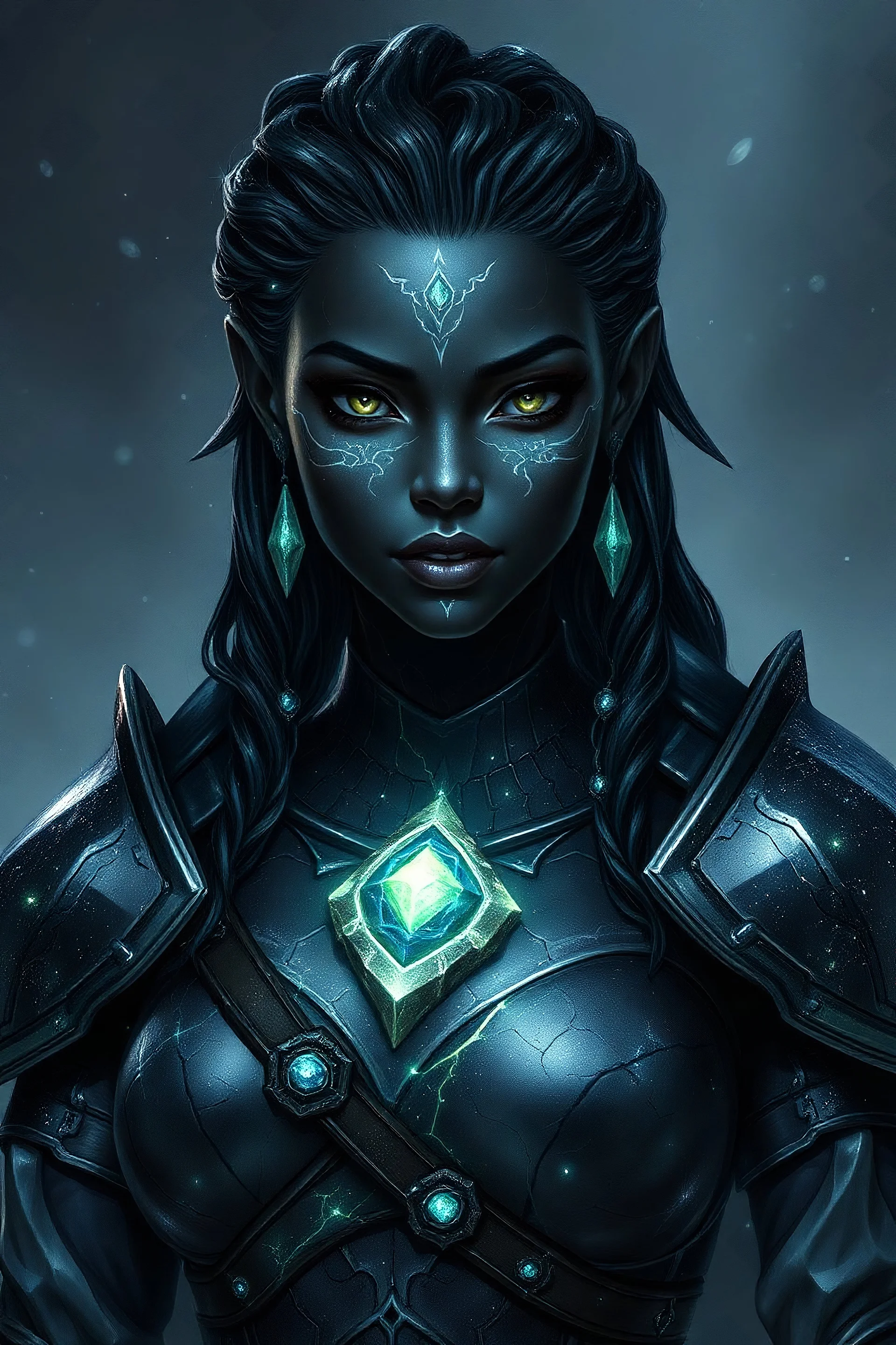 Please generate a female earth genasi cleric in the tempest domain for D&D. She should have dark, charcoal black-colored skin with glittering sparkles like gem dust. She should have lines marking her skin like cracks, showing glimmering gem-like veins and a faint glow. Her hair should appear carved of crystal. She should be in her mid-40s and fully-clothed in heavy armor and cleric robes.
