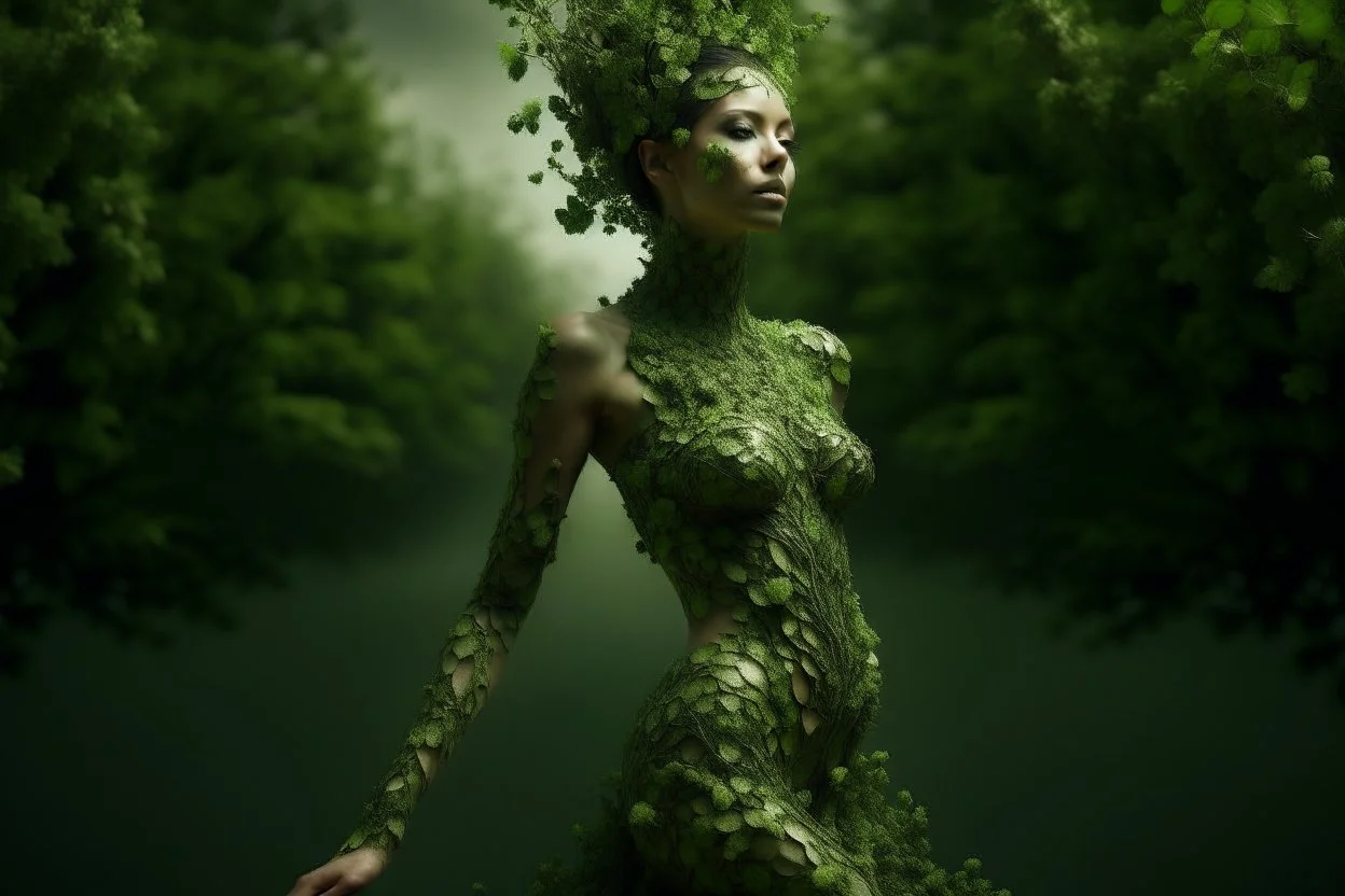 full body shot of a young woman covered in tiny green filigree leaves, emerging from a summer tree, detailed matte painting, deep colour, fantastical, intricate detail