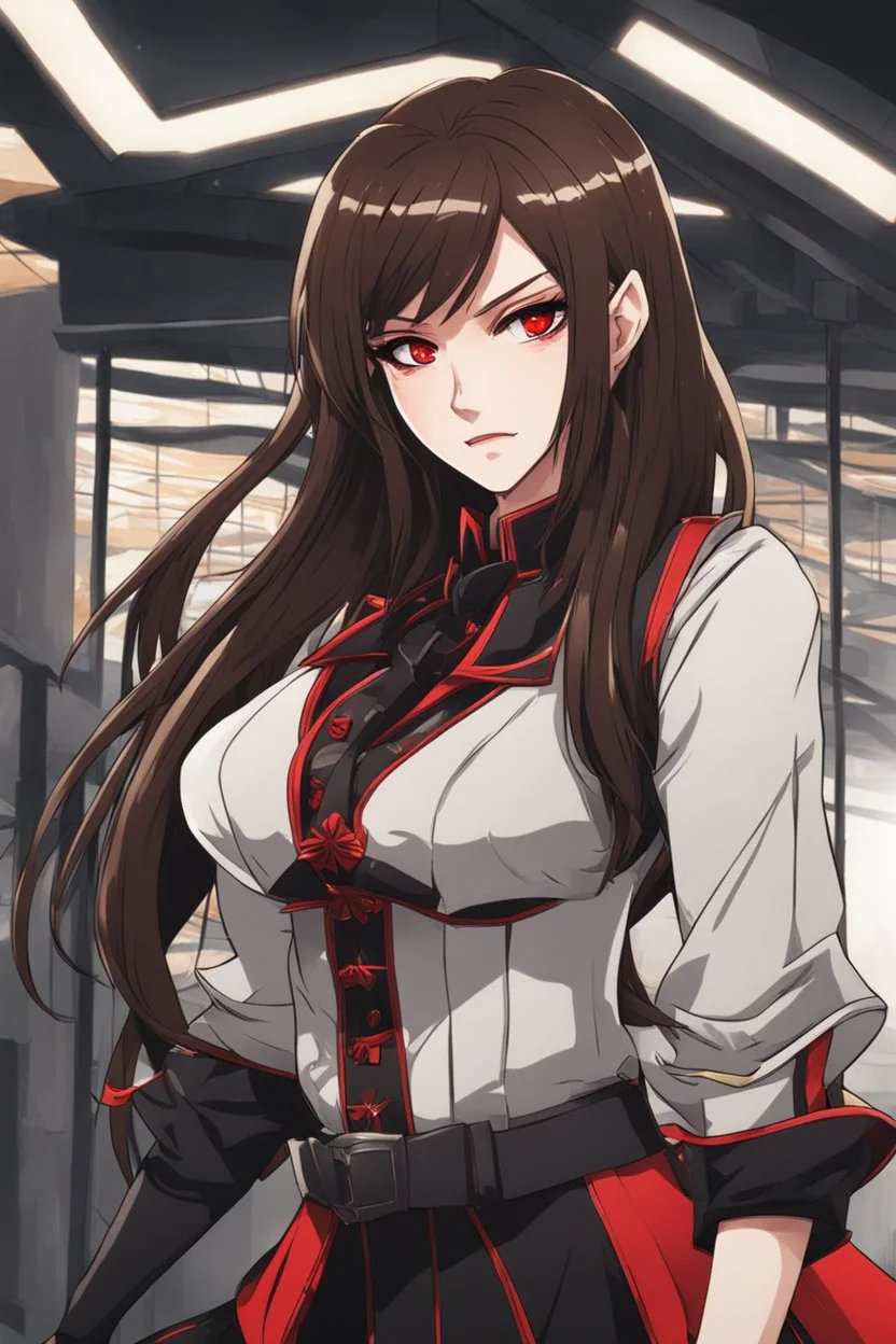 A young woman with pale skin and long brown hair in a modern setting with intricate details. Her attire is sleek black and red. She is smirking, has intense red eyes, intimidating presence, high definition. anime style.