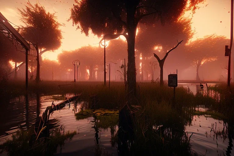  New orleans , swamps , projects, slums night time , unity, scriptable render pipeline , red tone, volumetric lighting.