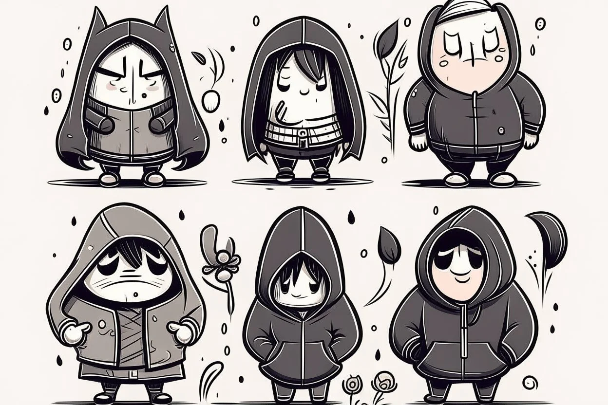 6 simple shaped hand drawn cartoon characters that are cute dark and have hoodies