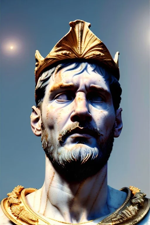 Realistic image, Roman sculpture made in white marble with gold veins, Lionel messi with gold laurel leaves crown, decorative star on the chest, waist up portrait, marble material, gold ornaments, Baroque style, sun rays background, epic, celestial, cinematic lighting, God lights, 4k resolution, smooth details, soft lighting, unreal engine 5, art station, substance 3d.