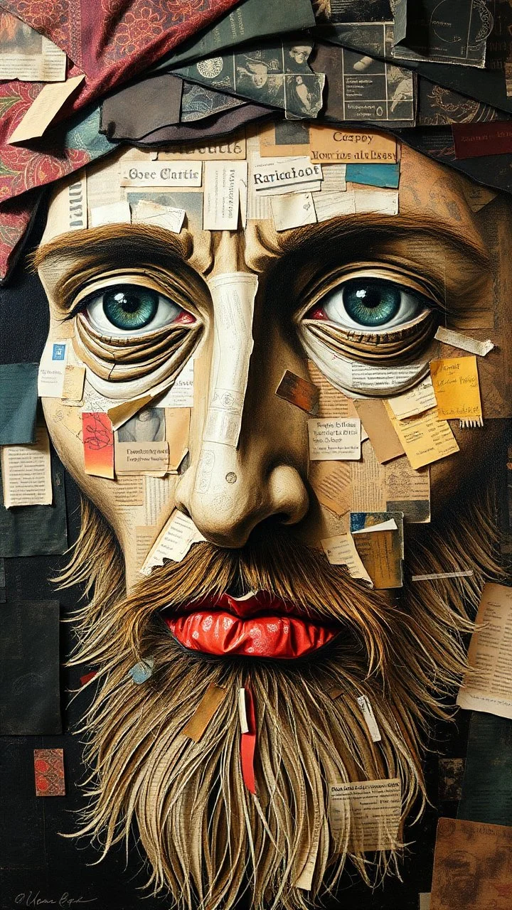 Bosch style painting , A face in details . The texture of the face is a collage of many peace’s of newspaper , pictures , and fabrics cut parts