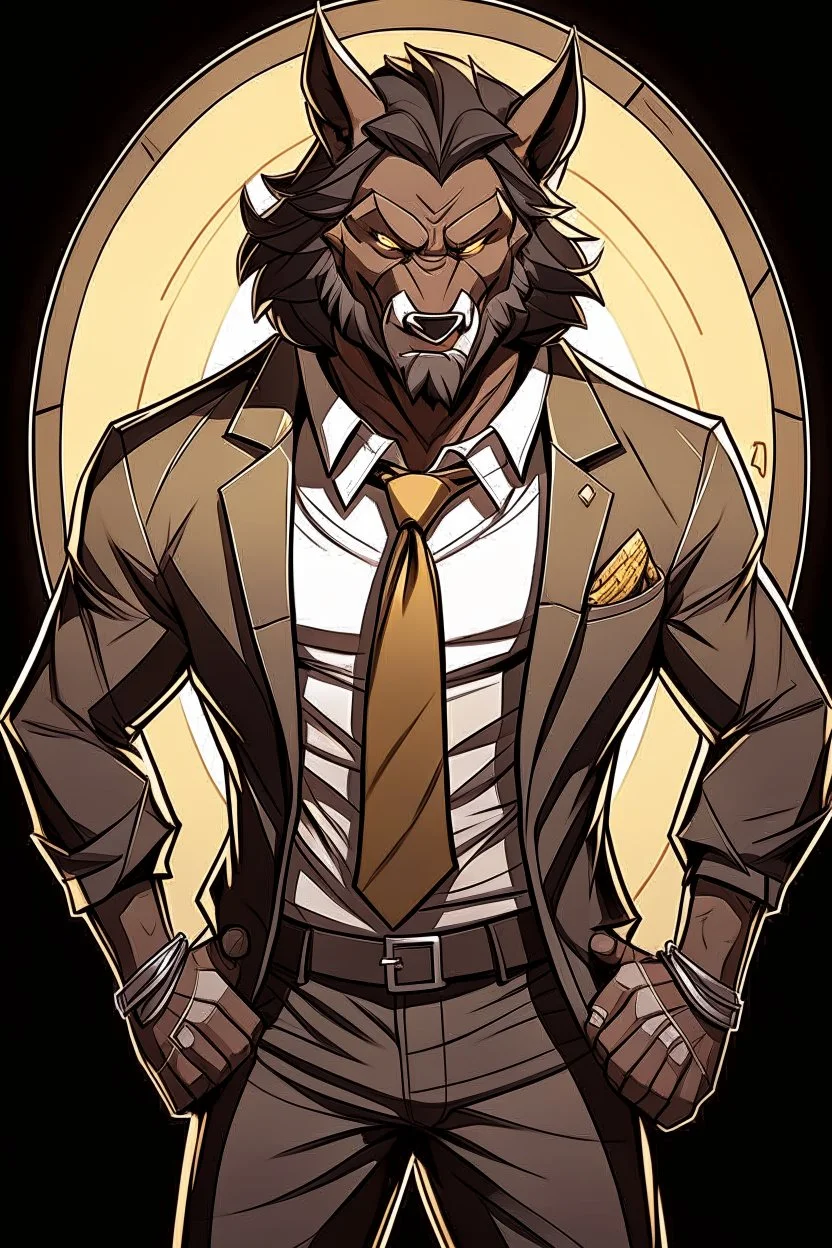 Buff, anthro, wolf, himbo, black fur, gold eyes, wearing a suit, full-body, muscles, strong, muscular, man boobs, bulky, tail, dark fur, smug grin, hands on hips, furry-himbo, broad shoulders, wide hips,