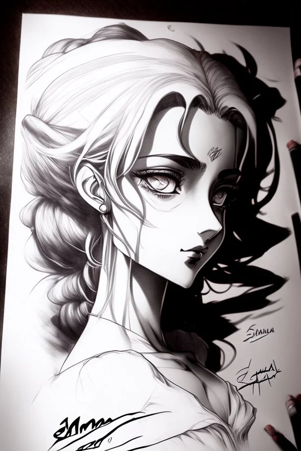 Black and white drawing anime, signed by Salma Mahfouz