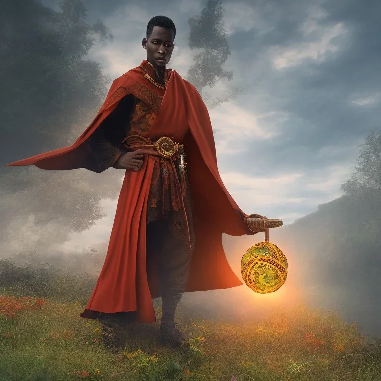 dungeons and dragons, monk, black, african, portrait, face, close up, cloak, clothes, cape, brown fabric, sunset, red sun, single person, red sky, hood