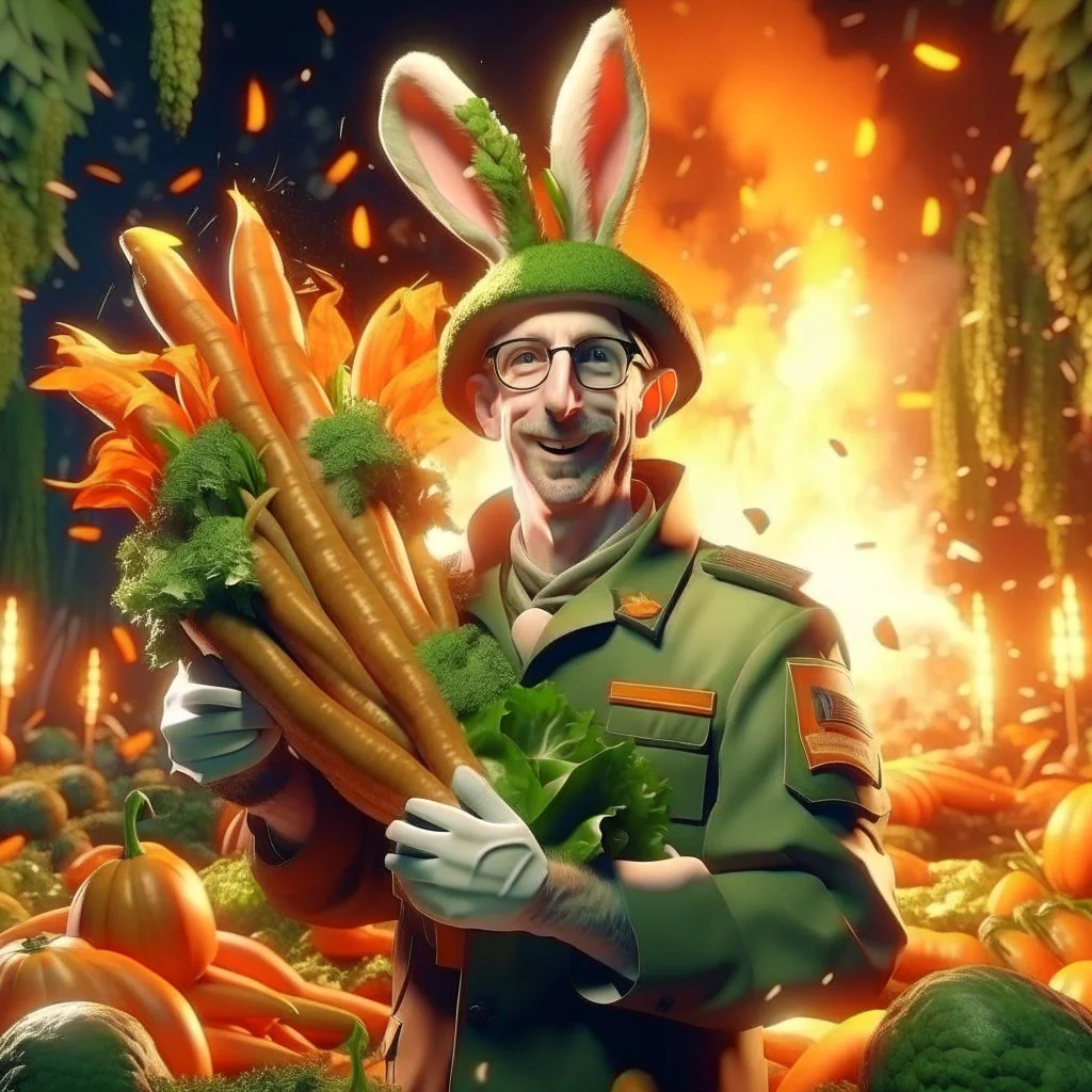 victory portrait of crazy cook army officer holding huge carrots rockets inside grove with fluffy hare with mutations getting blasted by explosions, 4 k, down-light, soft light, depth of field, photo realism, trending on art station, high detail, spray paint