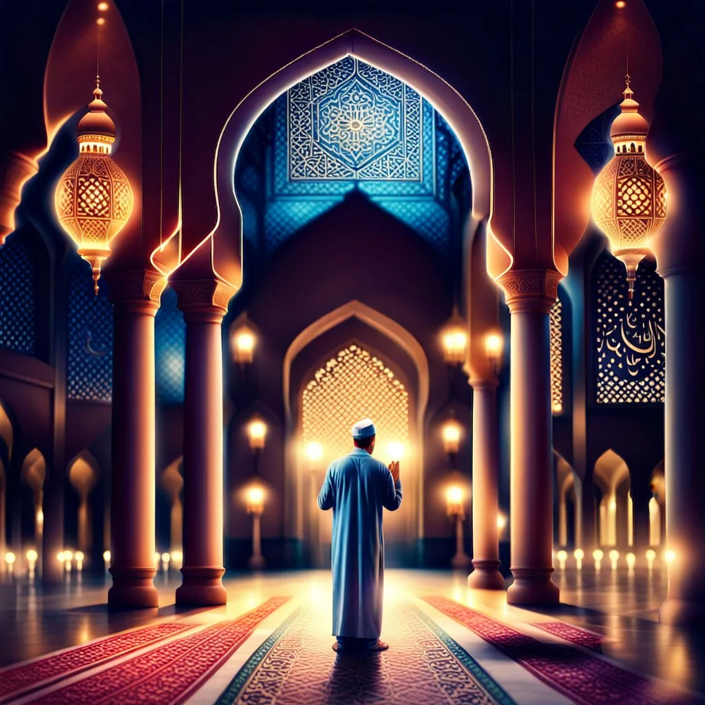 Hyper Realistic Man Praying & Ramadan Lights inside a beautiful mosque at night