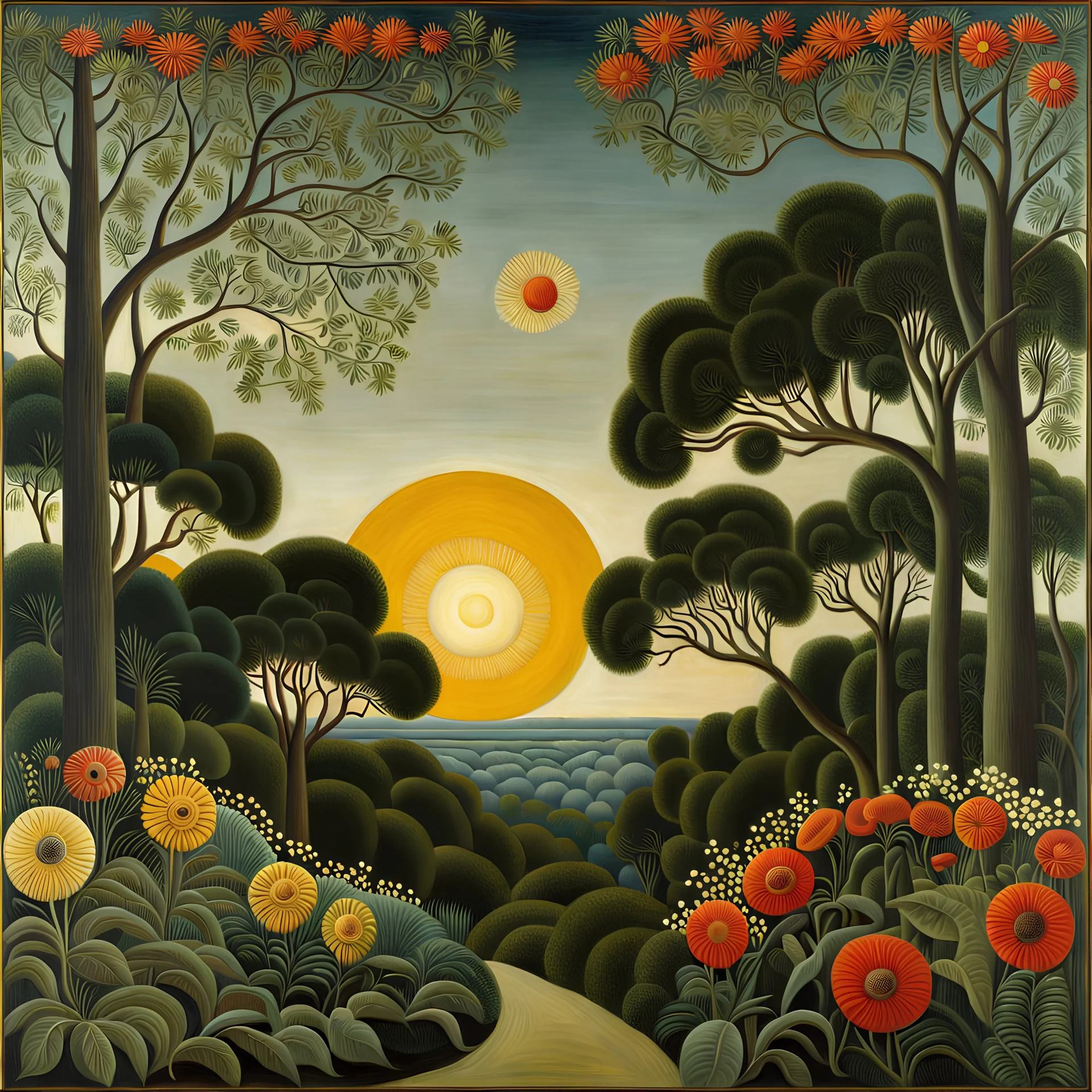 A marvelous landscape, trees, flowers, sun, intricate, Henri Rousseau, Max Ernst, thoughtful, interesting, a bit appalling