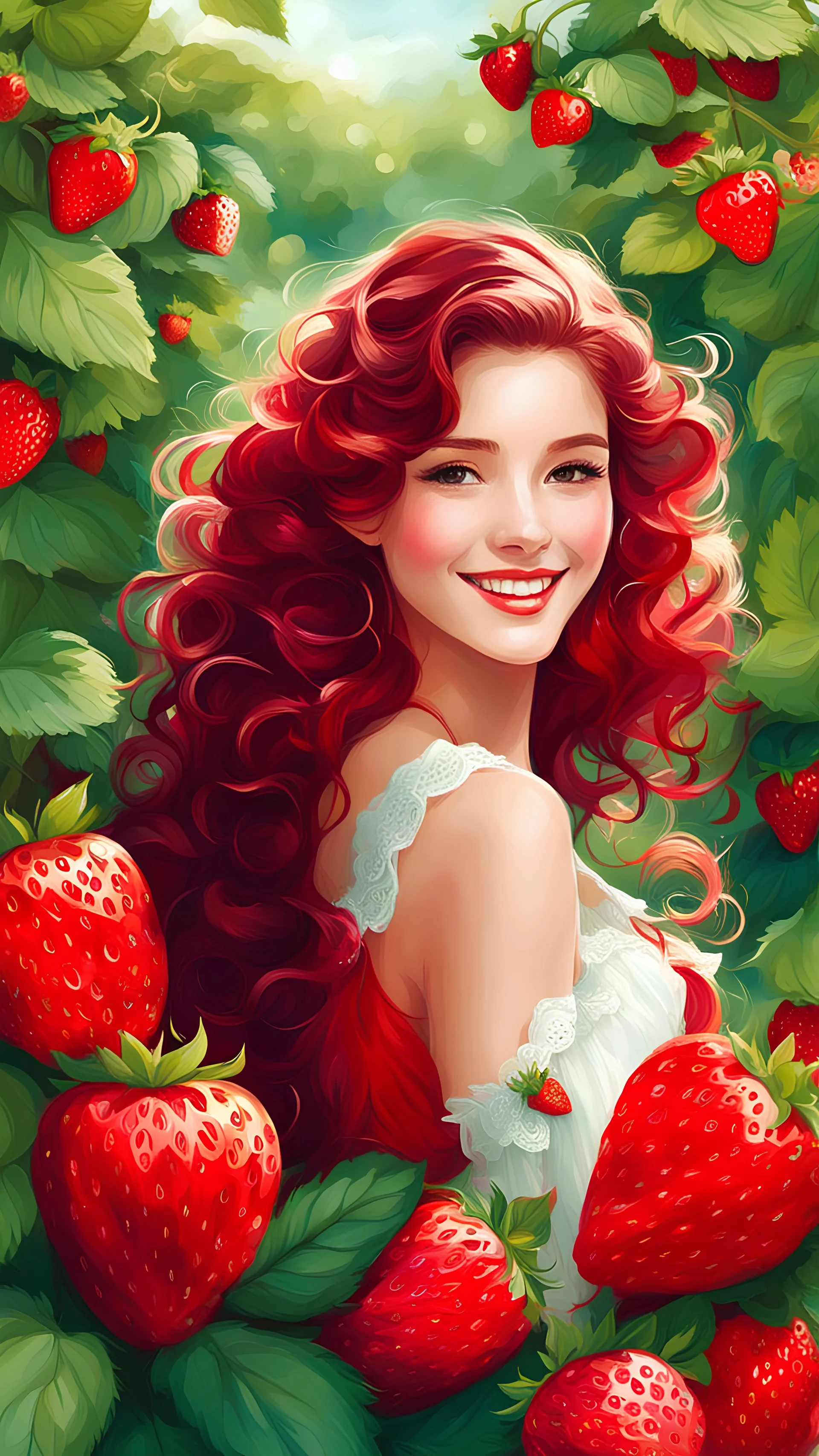 Digital painting style. In a field of bright reds and greens, She wanders and roams as if in a dream, Her hair curls match the strawberries so sweet, And her smile echoes the summer's heat, This strawberry girl, a true delight, Her beauty, a feast for the eyes and the sight. pretty face, adorable digital painting, colored ink, beautiful artwork, 4k, high quality, high detailed