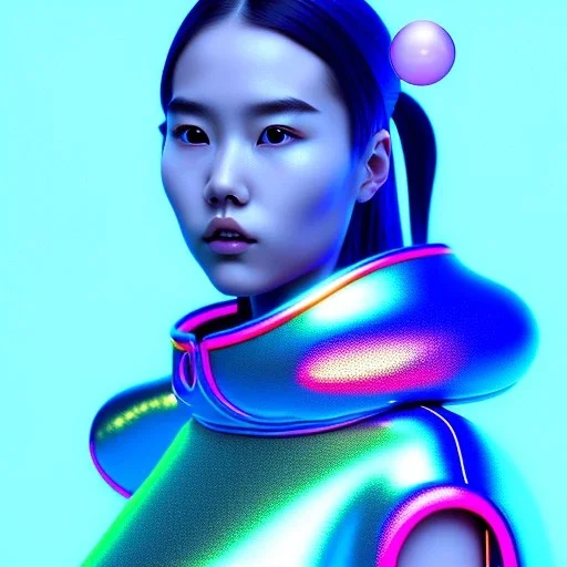 asian woman teenager, few freckles, gold teeth, padded coat, bubbles floating, retro futuristic, latex dress, gradient color, BLUE, PINK, CYAN, neon, insanely detailed, 16k resolution, perfect eyes, cinematic smooth, intricate detail