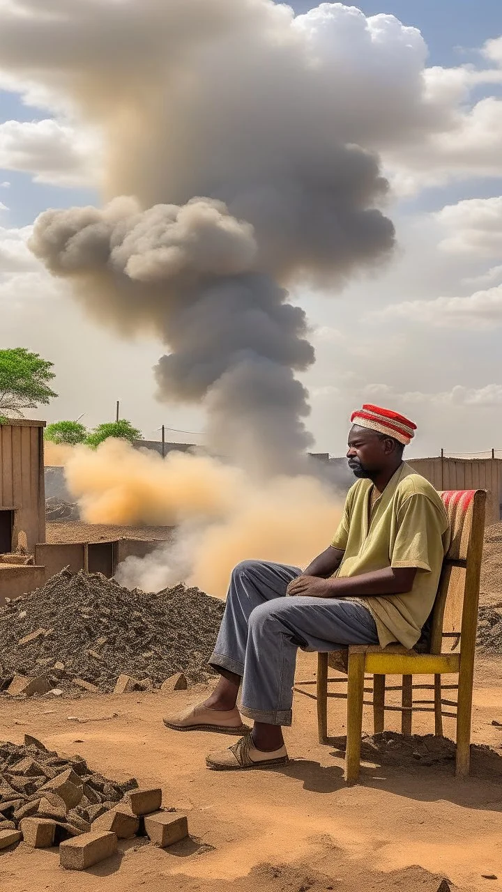 Sudanese man sitting on a chair , overseeing vast destruction and smoke