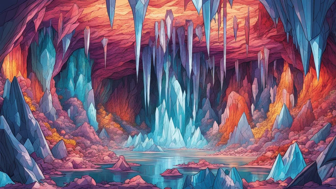 comic style, crystal cave, maximalism