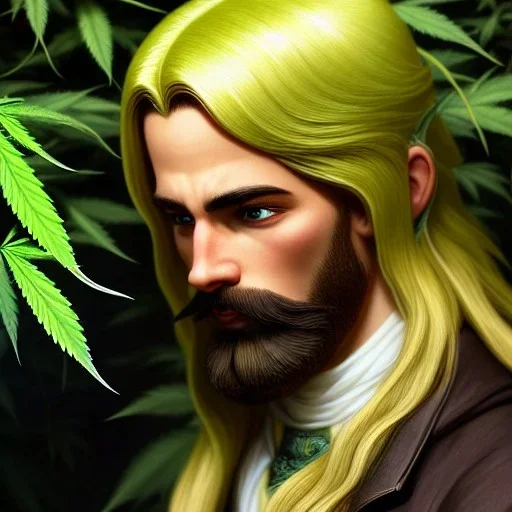 Kyle Rising of Sensi Trails, his handsome and highly detailed white face, long blond hair, gothic, highly detailed, digital painting, highly detailed background of marijuana leaves, artstation, smooth, sharp focus, illustration, art by lisa frank, artgerm and greg rutkowski and alphonse mucha and william adolphe bouguereau, reggae