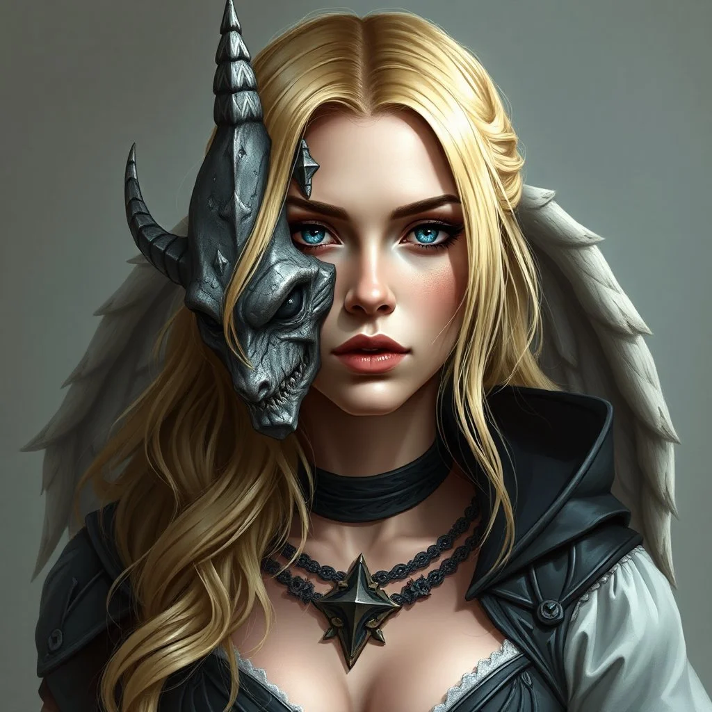 a portrait of an attractive blonde fantasy woman who is half human and half gargoyle, her face is partially made of stone, medieval, gothic, digital art, stylised