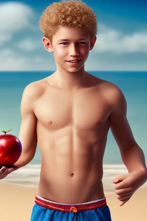 full body image of a beautiful 12 year old boy with shoulderlong, blonde curly hair and light blue eyes, smiling, shirtless, holding a red apple in his right hand, in front of an distant beach, photorealistic