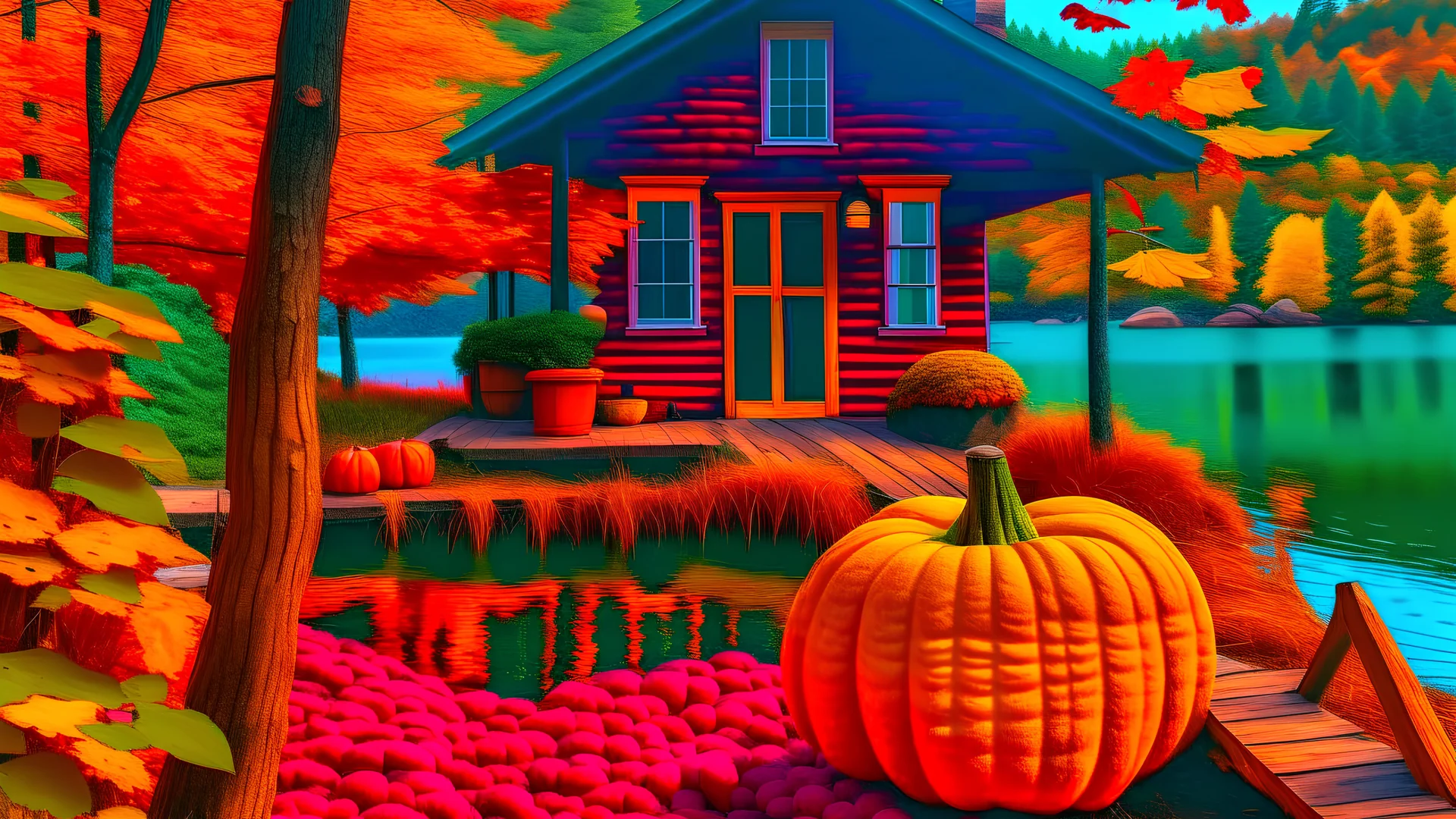 cozy cabin pumpkins autumn lake