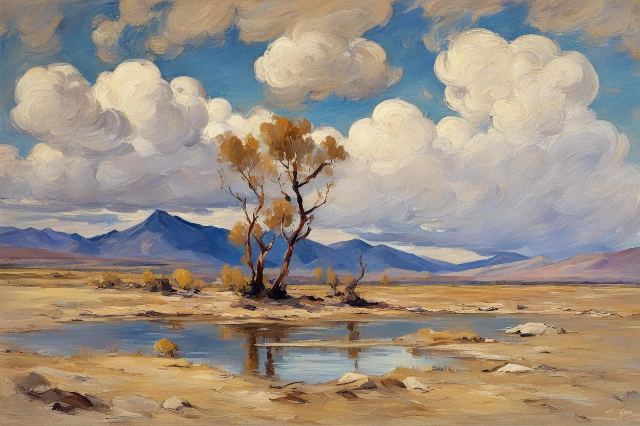 clouds, arid land, distant mountains, dry trees, pond, konstantin korovin impressionism painting