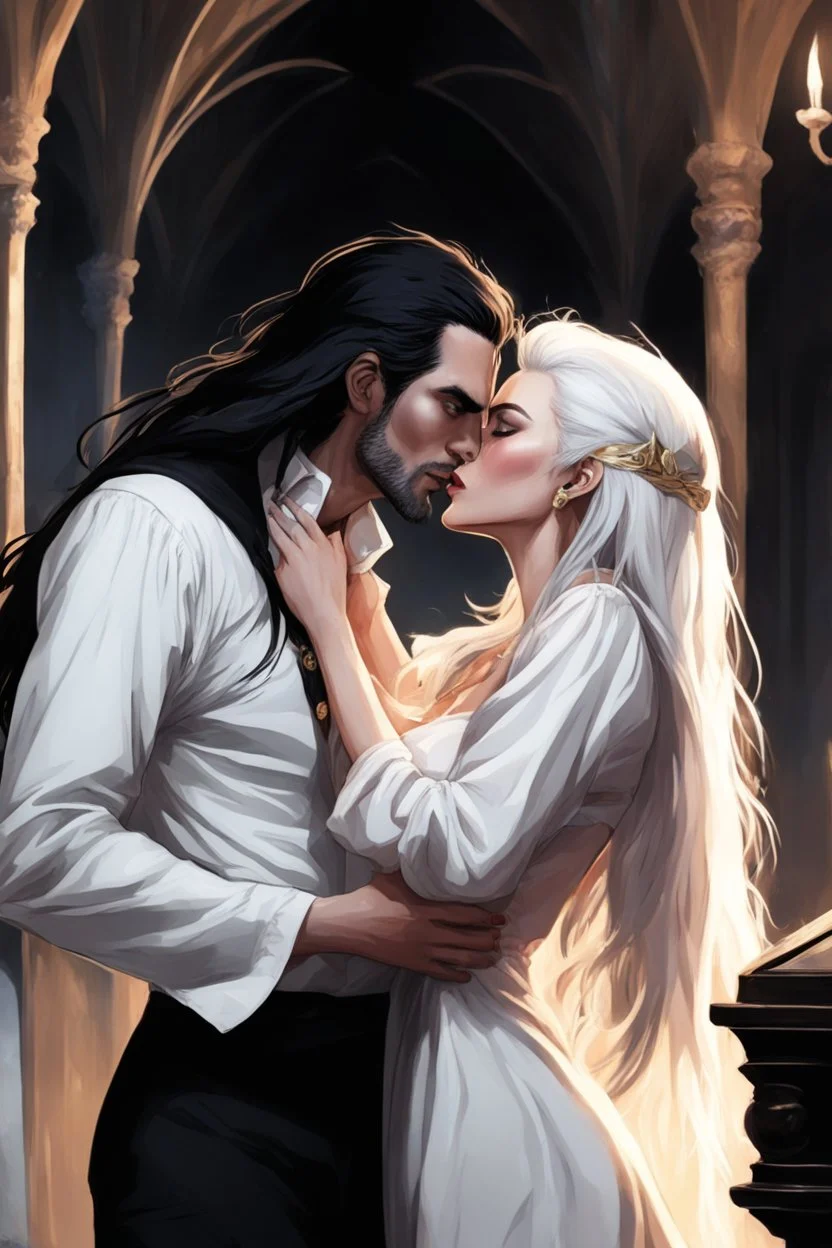 Strahd Von Zarovich being kissed by a beautiful woman with white hair, wearing an off the shoulder dress. Settling and background are a lavish toomb with an ebony coffin.