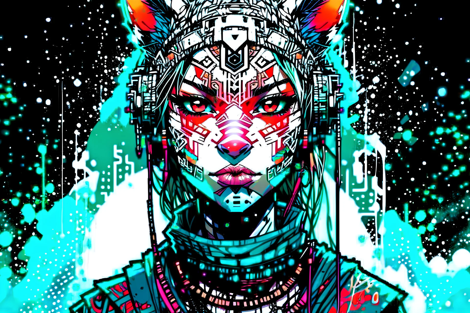 front facing portrait illustration of a gothpunk armored female kitsune vampire mercenary , beaded dreadlock hair, wearing an ancient ornate japanese kitsune mask , and shemagh, highly detailed with gritty post apocalyptic textures, caught in a cosmic maelstrom of swirling gases , finely detailed facial features and hair, in the graphic novel style of Bill Sienkiewicz, and Jean Giraud Moebius, ink wash and watercolor with realistic light and shadow