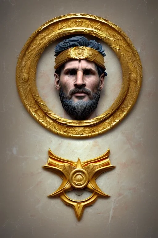 Ultra Realistic image, Roman sculpture, white marble material, Lionel Messi, gold Laurel leaves wreath, renaissance ornaments, radial gold lines, one gold star in heart, sun ornament, blue background, chisel style, waist up portrait, emperor style, epic, celestial, cinematic lighting, God light, god rays, 4k resolution, smooth details, ornate details, soft lighting, unreal engine 5, art station, substance 3d.