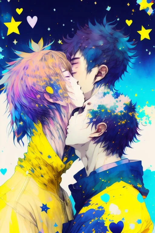 portrait anime man kissing man, ,yellow, stars hearts water, blue, watercolor, Yoshikata Amano, Edwin Landseer, Ismail Inceoglu, Russ Mills, Victo Ngai, Bella Kotak, hyperdetailed 8K resolution HDR DSLR, ultra detailed, ultra quality, CGSociety, intricately detailed, color depth, gliter, kiss