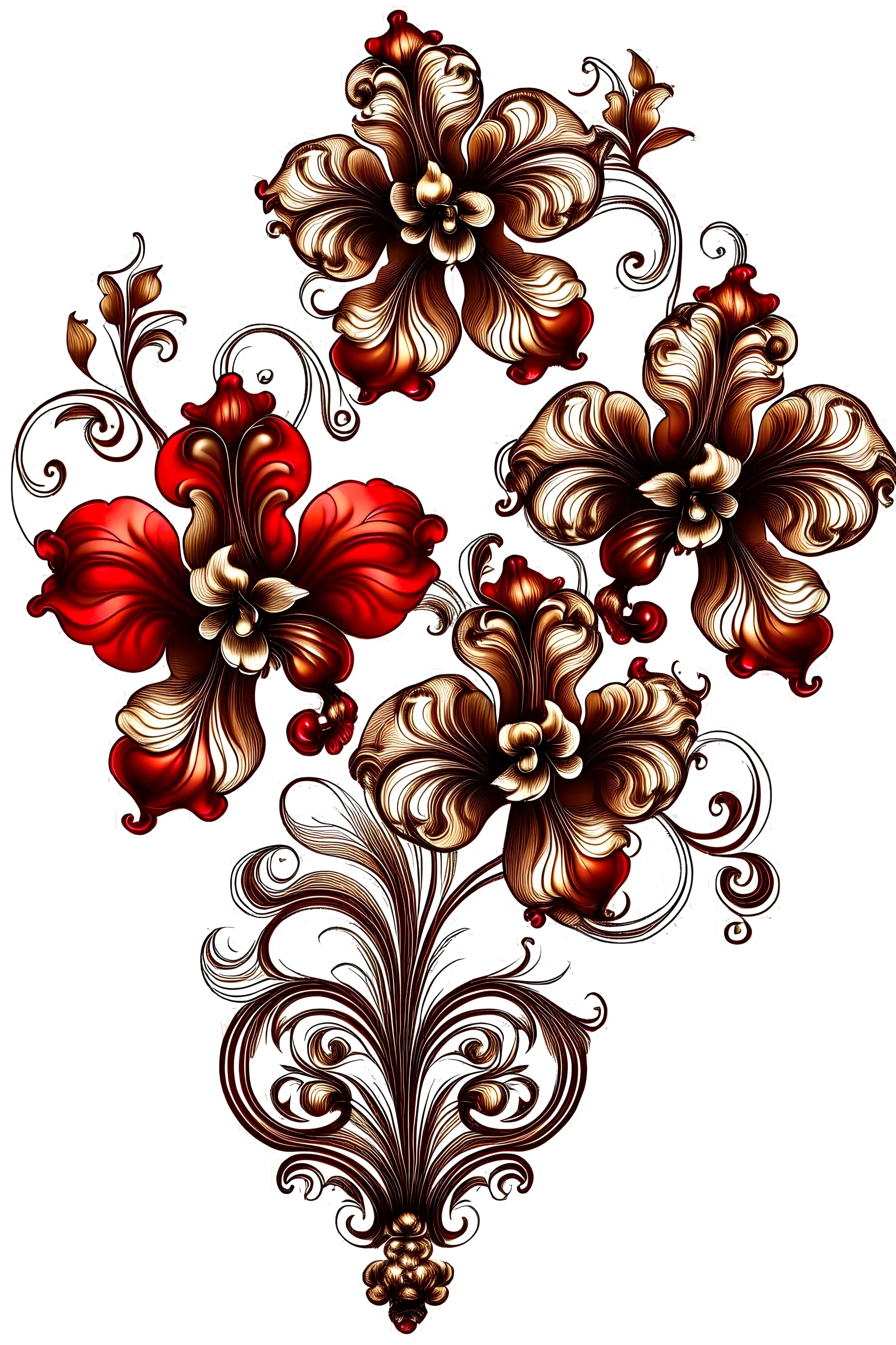 orchid in brown and red on a white background in baroque style