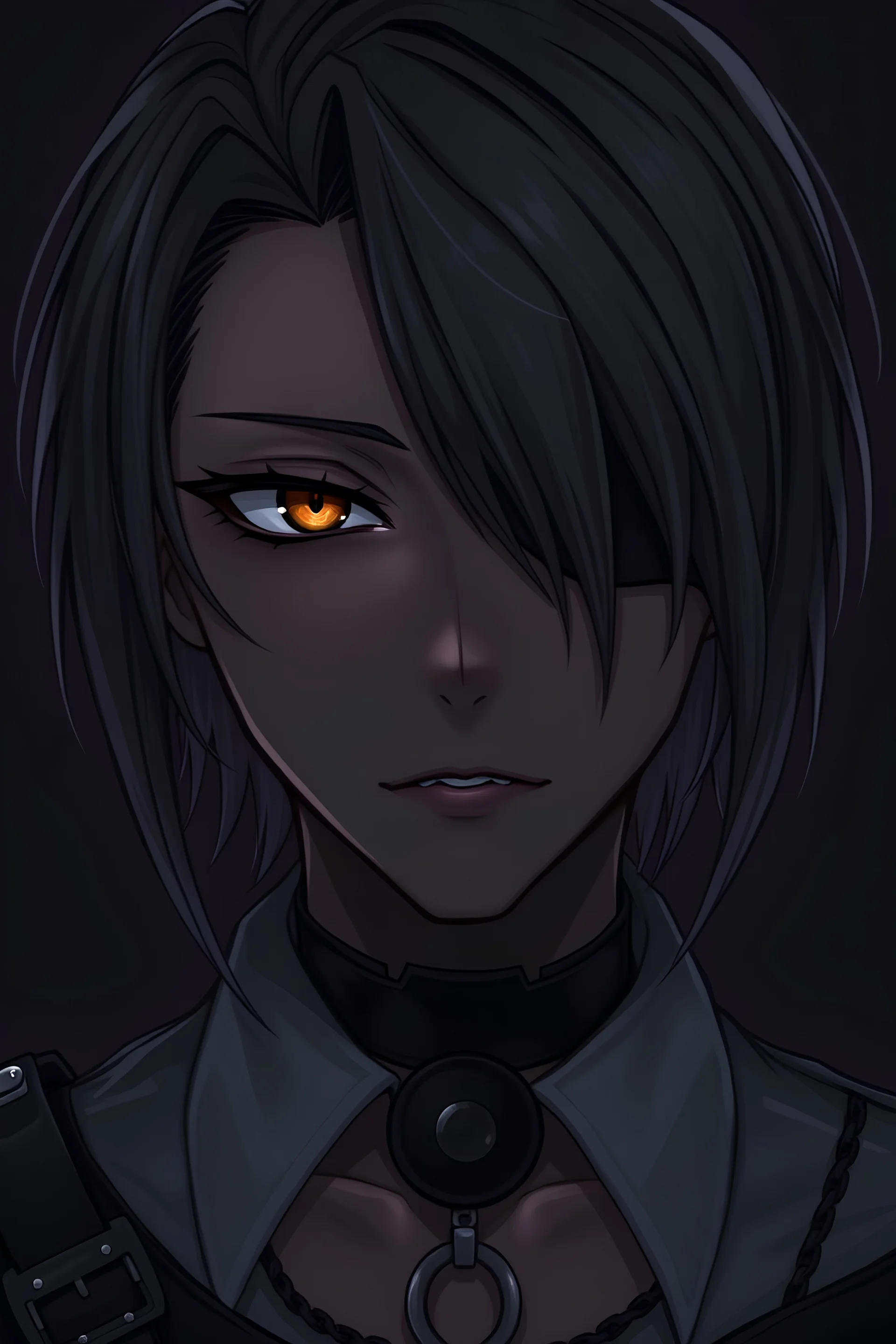 Dark skin anime male age 25 with orange eyes and goth style clothing hair covering one eye