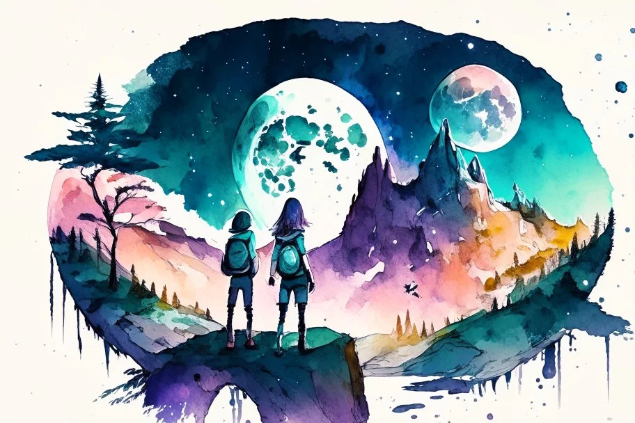 illustration concept art water color style for teenagers in other planet watching the moon and mountains having adventure two teenagers mystery weird cretures trees exiting