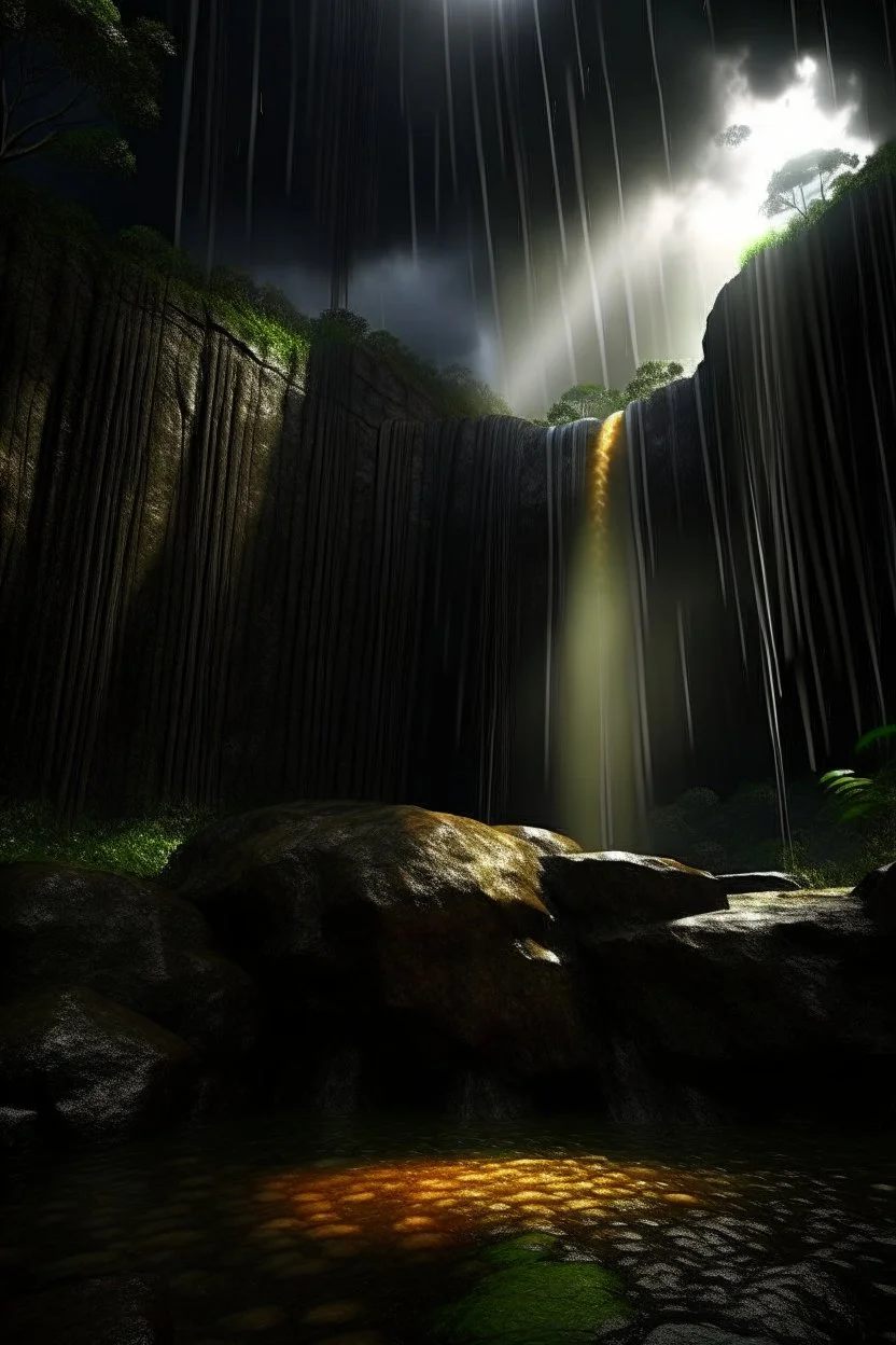 sun rays through dark clouds, portrait in weird angle of huge rock giant crying a waterfall in front of rock column on bumpy road in moist swamp planet , photo-realistic, shot on Hasselblad h6d-400c, zeiss prime lens, bokeh like f/0.8, tilt-shift lens 8k, high detail, smooth render, down-light, unreal eng