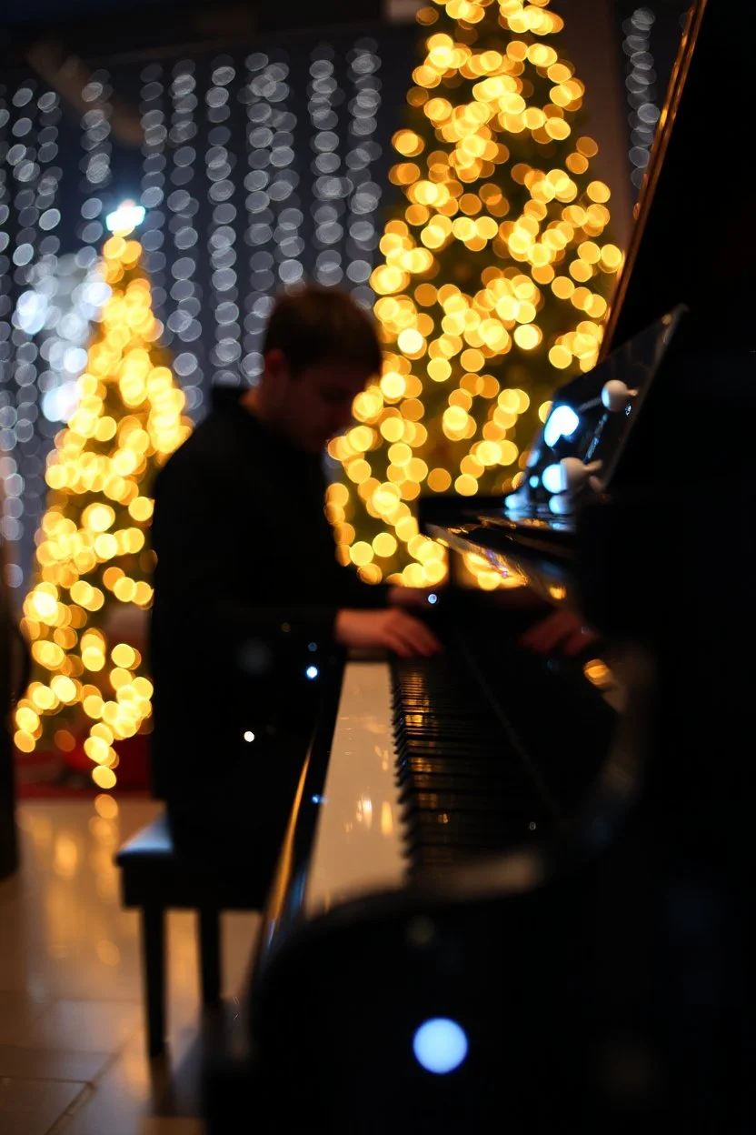 glassy filled with tiny sparkling lights in the background Artist mader playing the piano