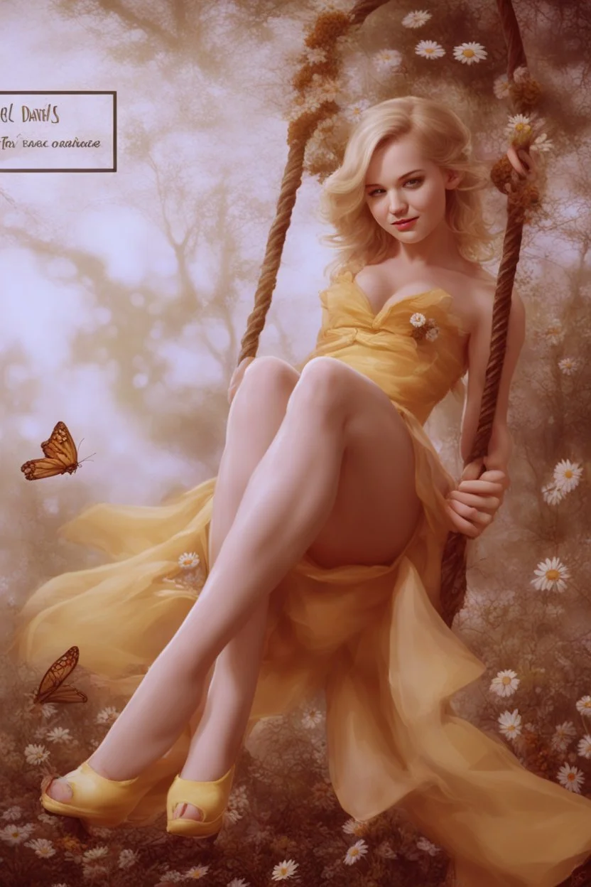 A blonde fairy in a short yellow dress playing on a swing, many daisies in the background of the image