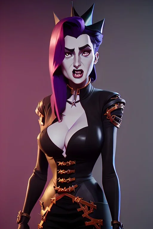 Rita Hayworth as evil queen in black leather, leather, busty, cleavage, angry, stern look. character design by cory loftis, fenghua zhong, ryohei hase, ismail inceoglu and ruan jia. unreal engine 5, artistic lighting, highly detailed, photorealistic, fantasy