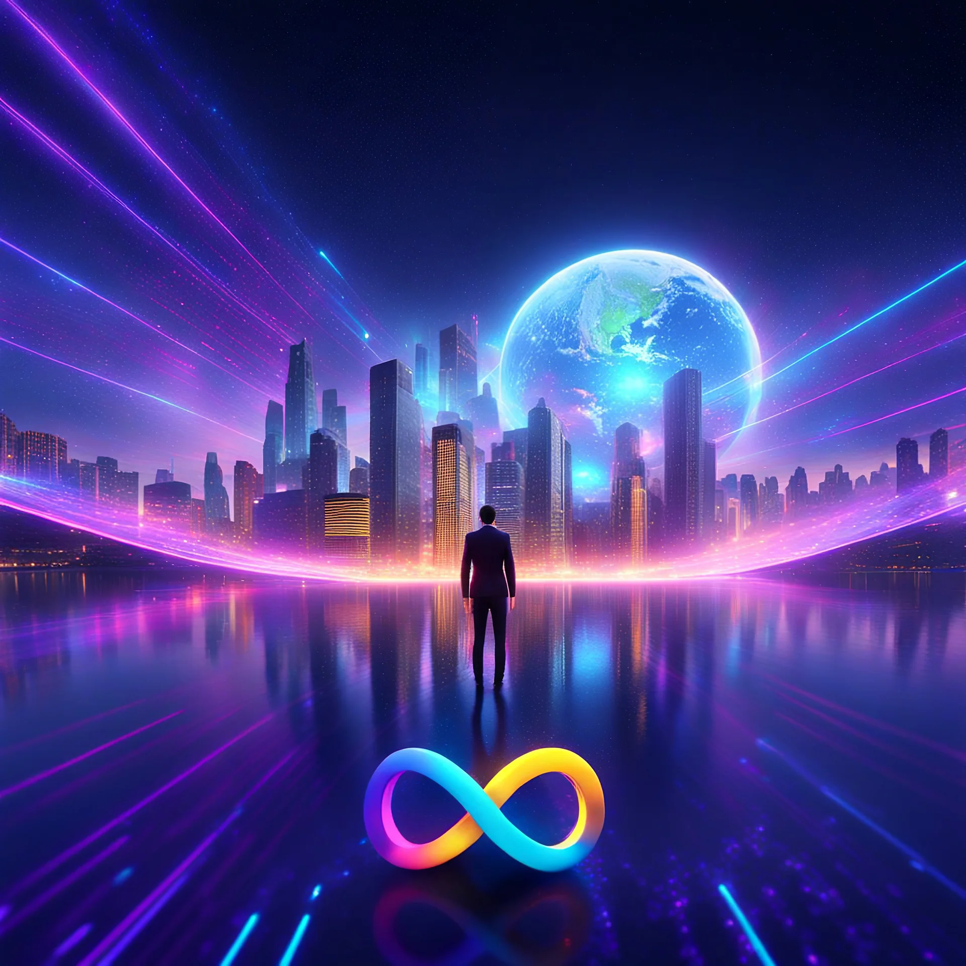 3D infinity symbol ∞, infinity figure-of-eight symbol is totally-symmetrical and brightly coloured, man silhouette facing epic scene of building, glowing earth, water, network and lights, exotic, inspiring, fantasy, neon, friendly, beautiful, octane render, 8k post-production, artstation: award-winning: atmospheric: commanding: fantastical: clarity: 16k: ultra quality: striking: brilliance: liquid medium: stunning colors: amazing depth; lens: f/8, 28mm