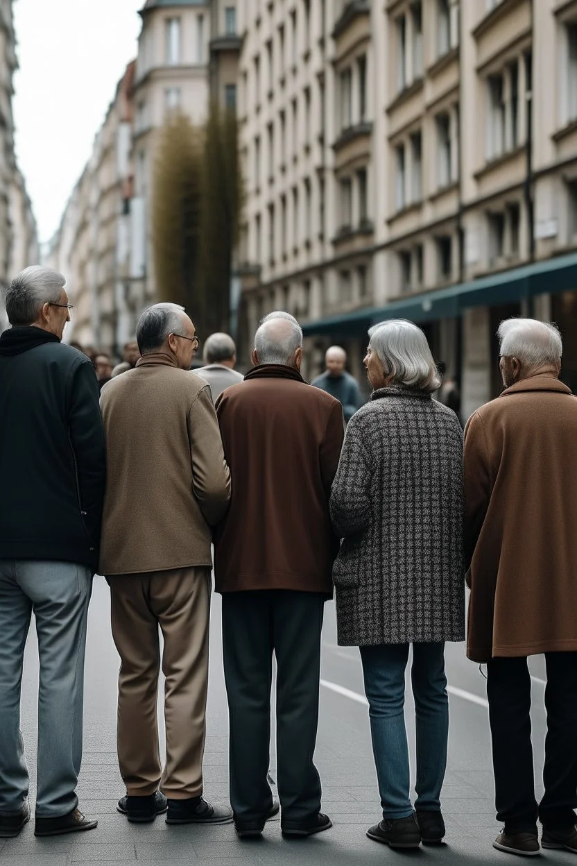 personas de mediana edad de espaldas abrazadas en una calle de una ciudad. Color. Ilustración