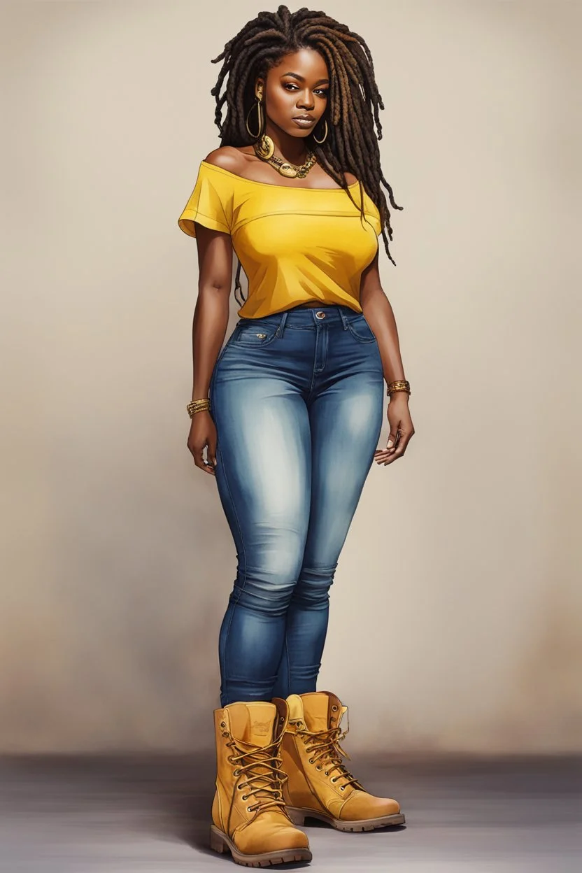 Create a watercolor image of a curvy black female wearing tight cut up jeans and a off the shoulder yellow tshirt with timberland boots. Prominent make up with hazel eyes. Highly detail dread locs