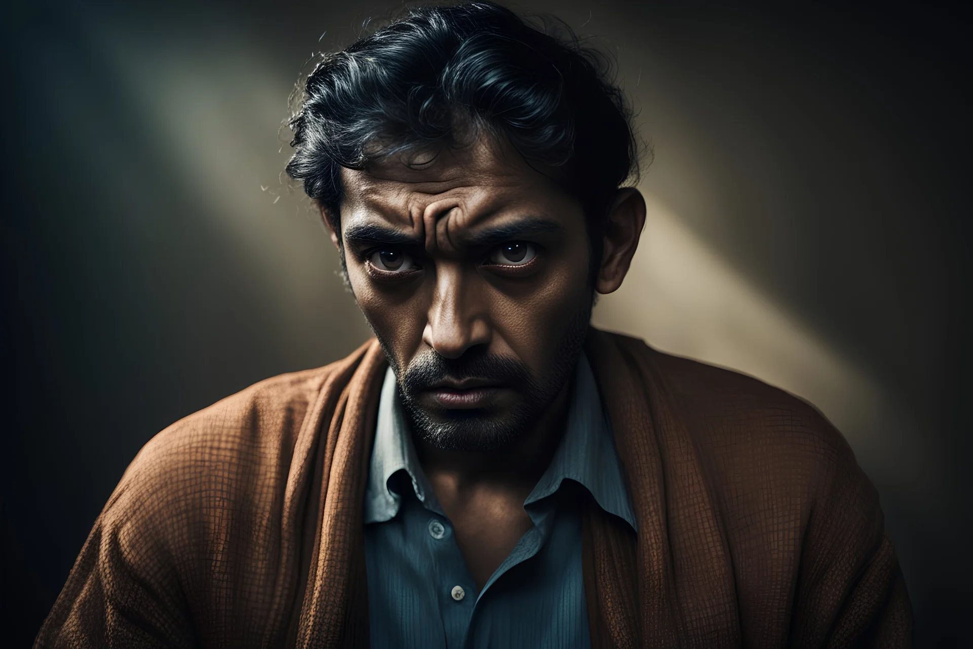 A scared Indian man wearing stylish clothes with a furrowed brow and wide eyes Consider using dramatic lighting with deep shadows to enhance the sense of fear and suspense. A muted or desaturated color palette can create a mood of sadness and despair. A chaotic or ominous background can add to the overall sense of fear and anxiety.