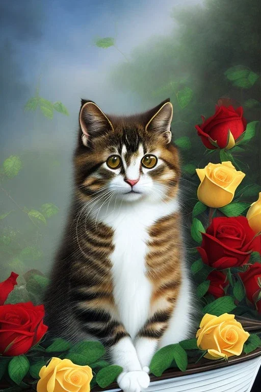 A young beautiful cat, portrait, is sitting in a boat, with a bunch of roses.