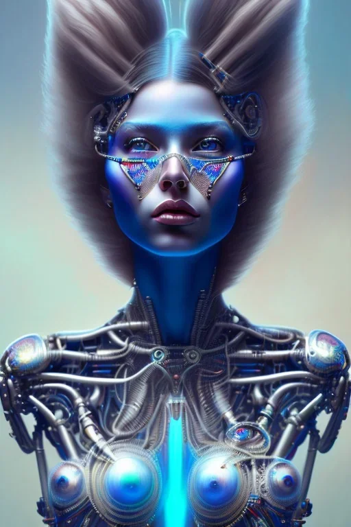 hiper realista, hiper detalhado, retrato de corpo inteiro, no estilo tribal, de uma mulher incrivelmente bonita com implantes biônicos, cabelos azuis, olhos brilhantes, arte de greg rutkowski, artgerm, wlop, rossdraws, boris vallejo