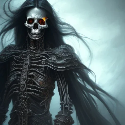 A skeletal man with fiery eyes, a black and leather dress, a long black cloak, a big skeletal and fiery horse, full HD, 4K, 8K, magical, fantasy, 3D,detailed and complete painting