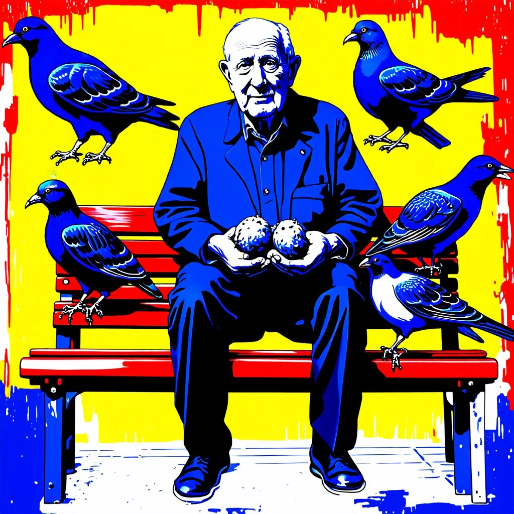 A digital painting in a vintage pop-art style. An elderly man sits on a wooden bench surrounded by pigeons, holding some in his hands. The scene is inspired by a black-and-white photograph but reimagined with bold pop-art colors, strong contrasts, textured brush strokes, and a retro urban atmosphere. The background features distressed textures, with warm yellows, deep reds, and teal greens, blending realism with stylized graphic design. The man’s expression remains detailed and expressive, while