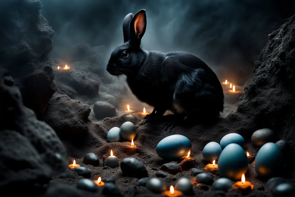 dark fantasy land with mystic, fog, deep cloros, burning landscape with mist, dark fantasy plants, silver and onix crystal eggs lying in sand, pale lights, rocks, weird surreal big dark rabbit-bird mutants, dark fantasy mood, sureal, high quality, high contrast, cinematic, atmospheric, weird mood