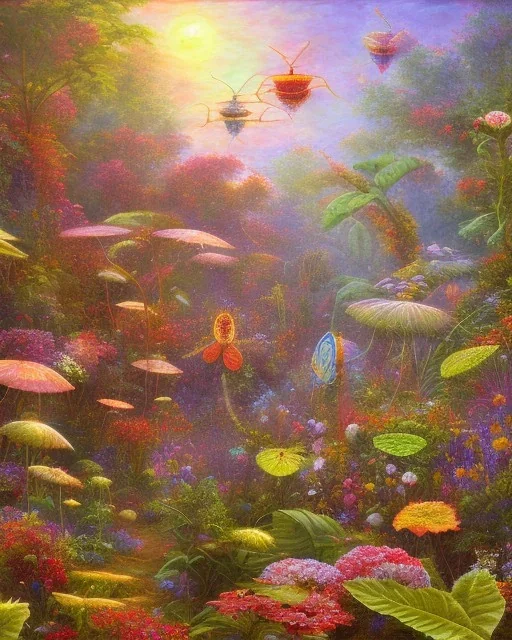 mystical venus fly trap, flowers, jungle, impressionism, daylight, trees in background, dragonfly,