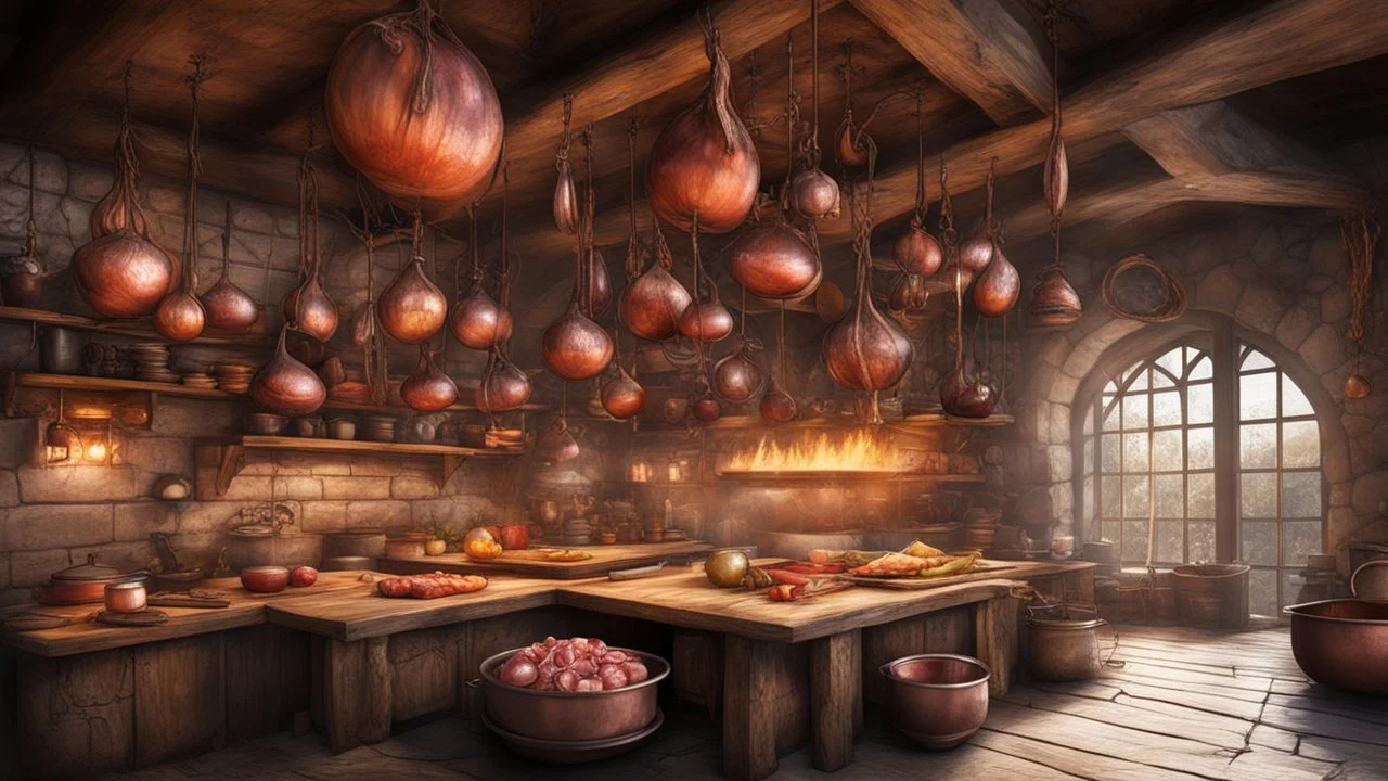 fantasy medieval kitchen, copper pots and pans, food hanging from ceiling onions ham cooked meat cheese,